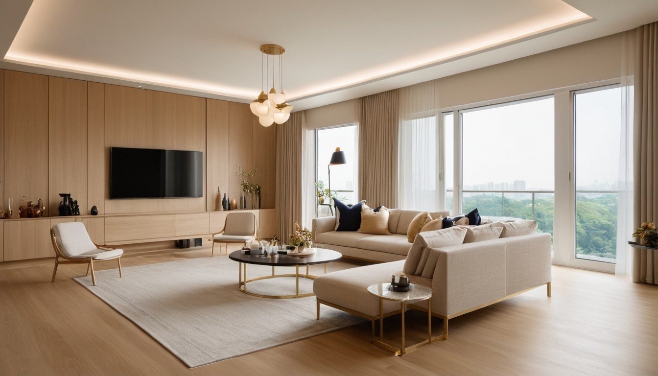 Living room concept with warm oak wall panels and city view