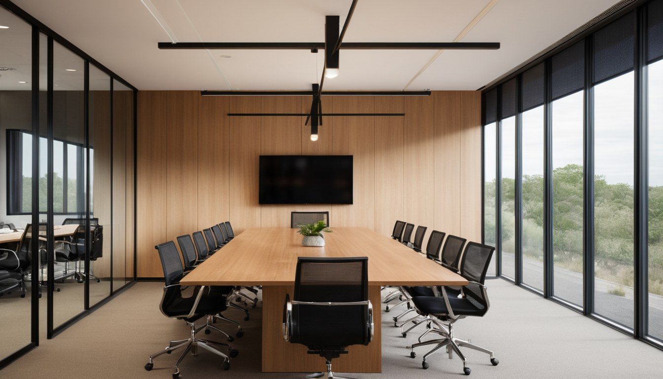 Boardroom concept with oak wall and glass partition