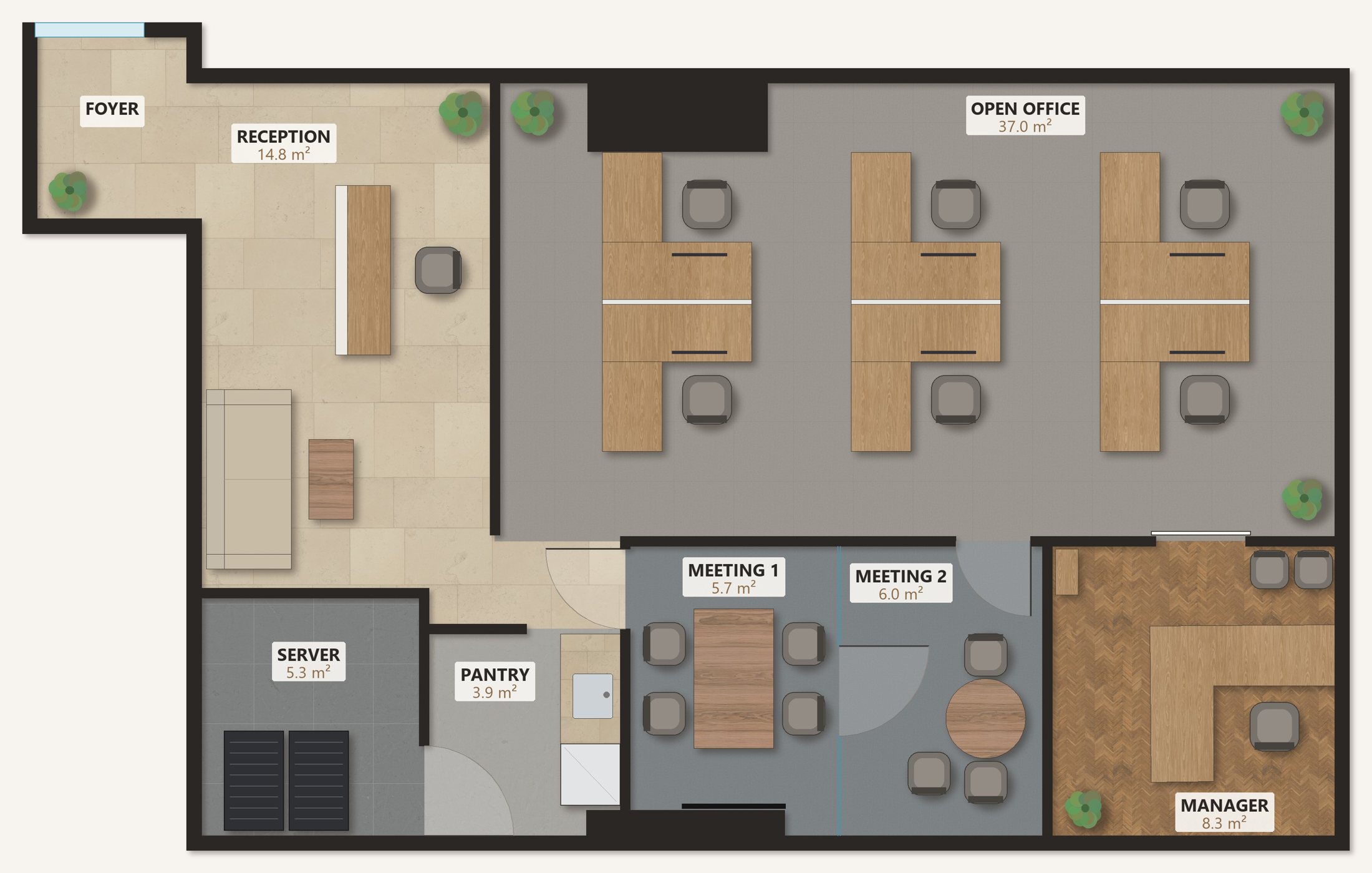 Colour-rendered office layout plan with furniture and finishes